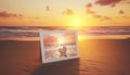 Front view of greeting card on the beach with captivating sunset and ocean background Royalty Free Stock Photo