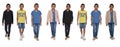 Front view of group of same teen various outfits walking on white