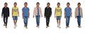 Front view of group of same teen various  outfits walking on white Royalty Free Stock Photo