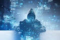 Front view of hacker using laptop at desk with creative binary coding hologram on blurry background. Software programming code and Royalty Free Stock Photo