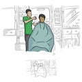 front view of hairdresser using spray on hair of male client vector illustration sketch doodle hand drawn with black lines