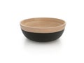 Front view of handmade bamboo bowl isolated. Close up of empty container. Decoration, Handmade kitchen crafts. Round natural wood Royalty Free Stock Photo
