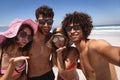 Happy group of friends looking at camera on beach in the sunshine Royalty Free Stock Photo