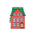 Front view house in cute color style. Hand drawn house facade in red color and green roof  with doors  windows and balcony. Royalty Free Stock Photo