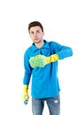 Front view of a houseowner in gloves with sponge and detergent. Royalty Free Stock Photo