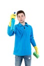 Front view of a houseowner in gloves with sponge and detergent. Royalty Free Stock Photo