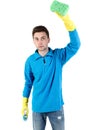 Front view of a houseowner in gloves with sponge and detergent. Royalty Free Stock Photo