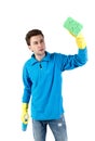 Front view of a houseowner in gloves with sponge and detergent. Royalty Free Stock Photo