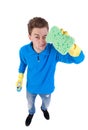 Front view of a houseowner in gloves with sponge and detergent. Royalty Free Stock Photo