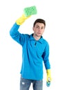 Front view of a houseowner in gloves with sponge and detergent. Royalty Free Stock Photo