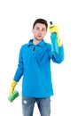 Front view of a houseowner in gloves with sponge and detergent. Royalty Free Stock Photo