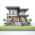 Front view of a isolated modern house with a big lawn on white background. ai generative Royalty Free Stock Photo