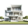 Front view of a isolated modern house with a big lawn on white background. ai generative Royalty Free Stock Photo