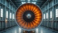 Front view of jet turbine engine undergoing testing in facility with wind tunnel effect. Shows intricate fan blades with orange Royalty Free Stock Photo