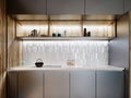 Front view of kitchen furniture with shelves in a combination of metal and wood Royalty Free Stock Photo