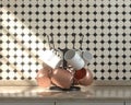 Front view kitchen with marble kitchen countertop coffee mugs and copper hammered cups on it under warm morning sunshine, ceramic