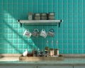 Front view kitchen with marble countertop under warm morning sunshine, turquoise tiled wall, and wall hung kitchen shelf various