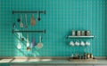 Front view kitchen with marble countertop under warm morning sunshine, turquoise tiled wall, and wall hung kitchen shelf various