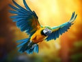 Landing blue and yellow Macaw Ara ararauna in backlight Made With Generative AI illustration