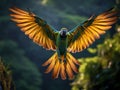 Landing blue and yellow Macaw Ara ararauna in backlight Made With Generative AI illustration