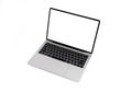 Front view of Laptop with blank screen in angled position. Blank white screen display for mockup isolated on white background, Royalty Free Stock Photo