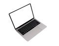 Front view of Laptop with blank screen in angled position. Blank white screen display for mockup isolated on white background, Royalty Free Stock Photo