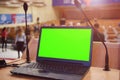 Front view of the laptop and microphones during business conference in conference room or hall, panel duscusion of economic Royalty Free Stock Photo