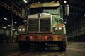 Front view of large, dirty, old, rusty, vintage green truck inside huge warehouse Royalty Free Stock Photo