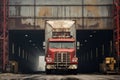 Front view of large, dirty, old, rusty, vintage green truck inside huge warehouse Royalty Free Stock Photo