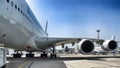 Airbus A380. View on two leftside Rolls & Royce turbofan engines.