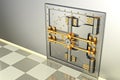 Front view of light gold bank vault door, closed. 3D Render Royalty Free Stock Photo