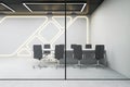 Front view of light futuristic conference room with glass wall and neon backlit. 3D Rendering