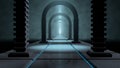 Front view of a long dark tunnel without people formed by arches made of bricks in a foggy environment with blue lights. 3D