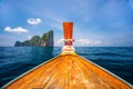 Front view of Longtail boat at Phi Phi Islands sea Asia Thailand, wooden boat in the middle of the blue sea Royalty Free Stock Photo
