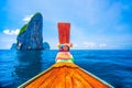 Front view of Longtail boat at Phi Phi Islands sea Asia Thailand, wooden boat in the middle of the blue sea Royalty Free Stock Photo