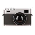 Front view of luxury digital camera is made of black leather material and silver color magnesium alloy isolated on white