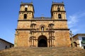 Front view of the majestic historic Cathedral of the immaculate Conception with blue sky in background, Barichara, Colombia