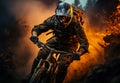Front view of a man in a helmet riding a bike. Bicyclist in a dirty clothes rides by the dirt roads Royalty Free Stock Photo