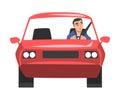 Front View of Man Riding Red Car, Cheerful Male Driver Driving Vehicle Cartoon Vector Illustration