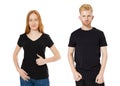 Front view of man and woman with blank black t-shirt isolated on white background Royalty Free Stock Photo