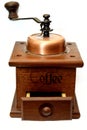 A front view of a manual coffee grinder burr mill machine with catch drawer, conical burr mill and spice hand grinding Royalty Free Stock Photo