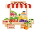 Front view market wood stand with farm food and vegetables in open box with weights and price tags illustration isolated on