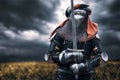 Medieval knight posing with sword. Royalty Free Stock Photo