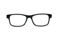 Front view of Men`s eyeglasses. Black shine of frame plastic with lens clear isolated on white background