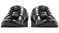 Front view of men`s fashion shoes black, classic design. Pair of manly boots 3d rendering isolated on white background.