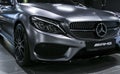 Front view of a Mercedes Benz C 43 AMG V8 Bi-Turbo 4Matic 2018. Headlight. Car exterior details. Royalty Free Stock Photo