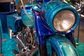 Front view of metallic blue motorcycle with silver flashes and chromed Royalty Free Stock Photo