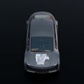 Front view of metallic gray electric car with car sharing graphic pattern on hood