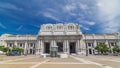 Front view of Milan antique central railway station timelapse . Royalty Free Stock Photo