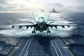 Front view of a military jet fighter landing on the deck of an aircraft carrier. Cloudy sky over the sea horizon. The Royalty Free Stock Photo